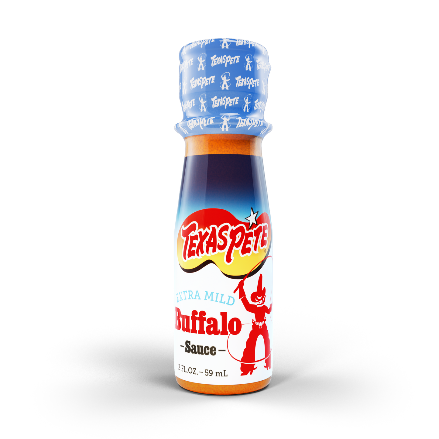 2oz Texas Pete Extra Mild Buffalo sauce bottle on a white background
