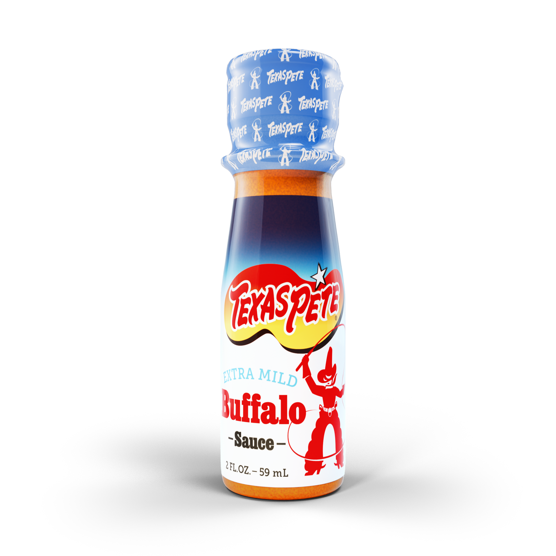 2oz Texas Pete Extra Mild Buffalo sauce bottle on a white background