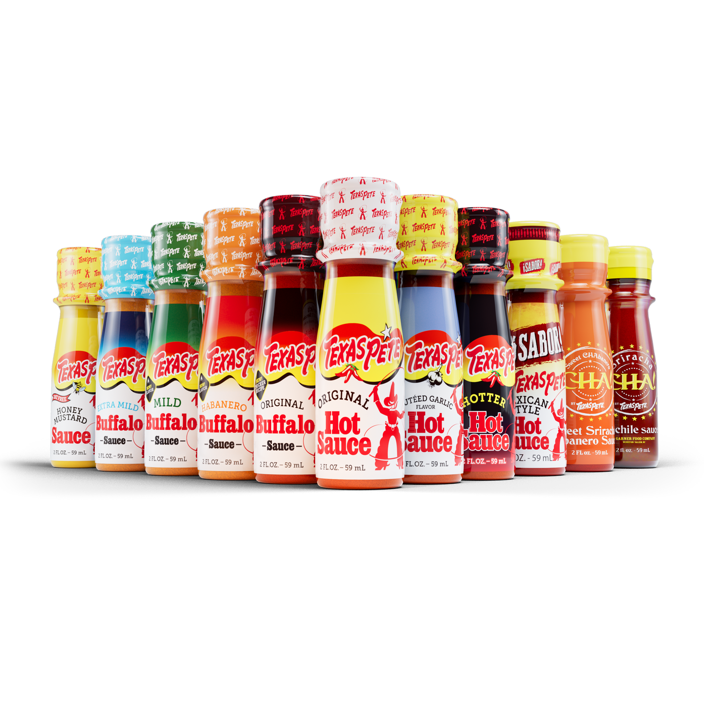 Row of various Texas Pete hot sauce bottles