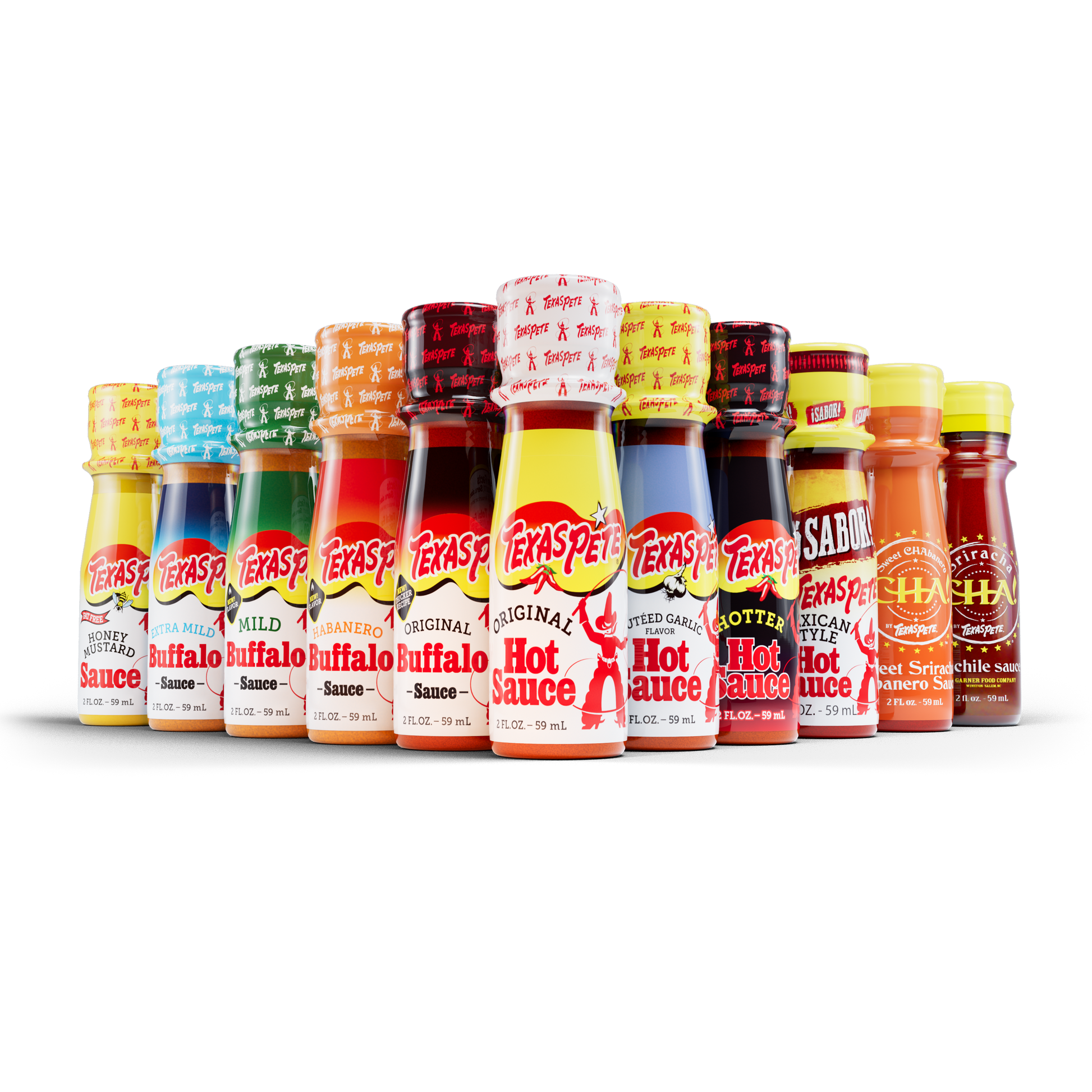 Row of various Texas Pete hot sauce bottles