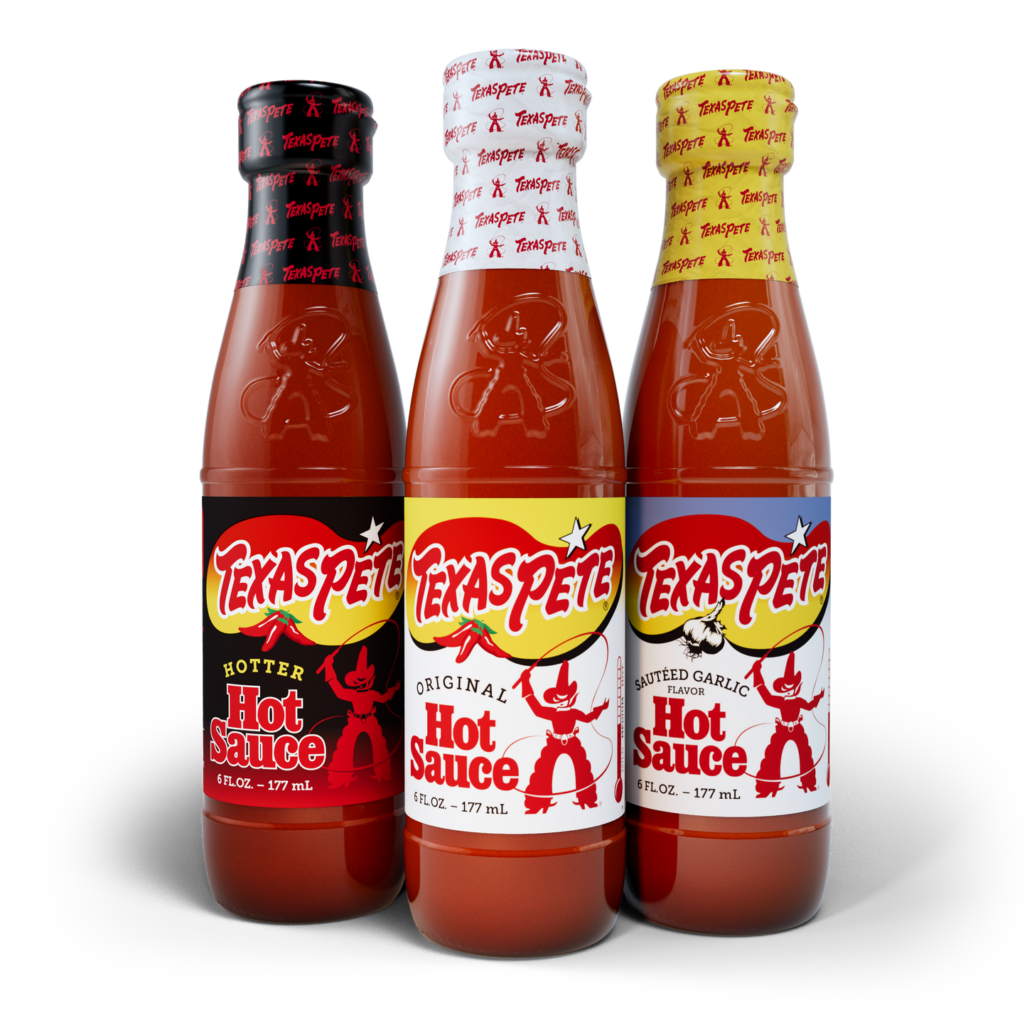 Variety pack containing Three bottles of Texas Pete hot sauce, original, hotter, and sauteed garlic