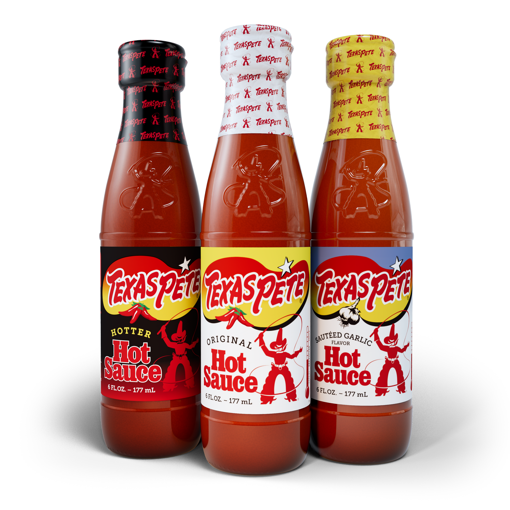 Variety pack containing Three bottles of Texas Pete hot sauce, original, hotter, and sauteed garlic