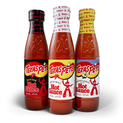 Variety pack containing Three bottles of Texas Pete hot sauce, original, hotter, and sauteed garlic