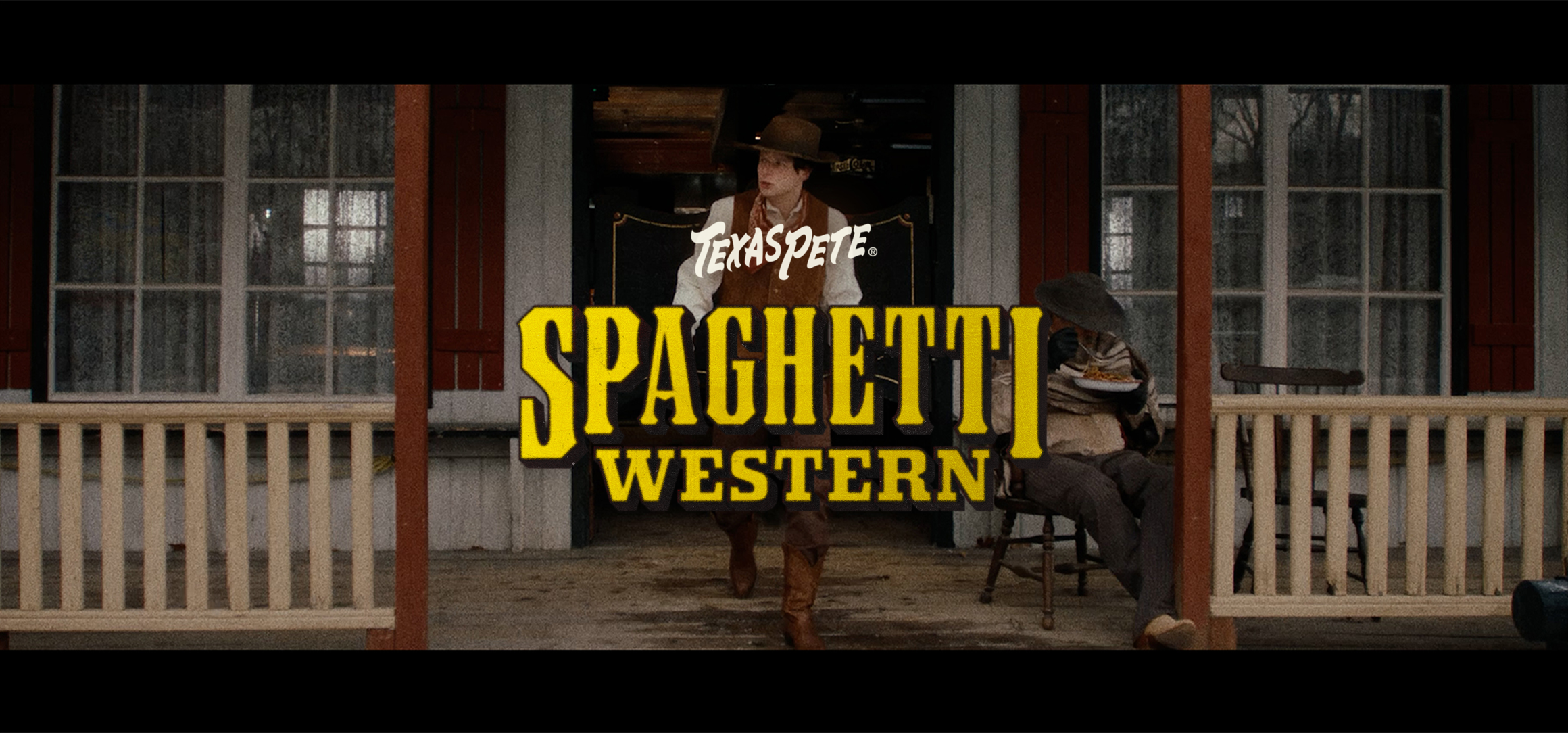 Man on a porch with 'Texas Pete Spaghetti Western' text overlay