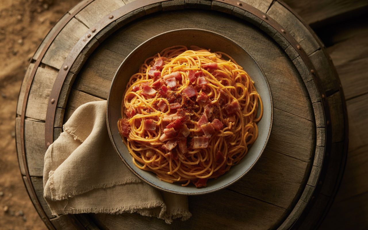 Spaghetti Carbonara with Texas Pete® Sweet CHAbanero Sauce