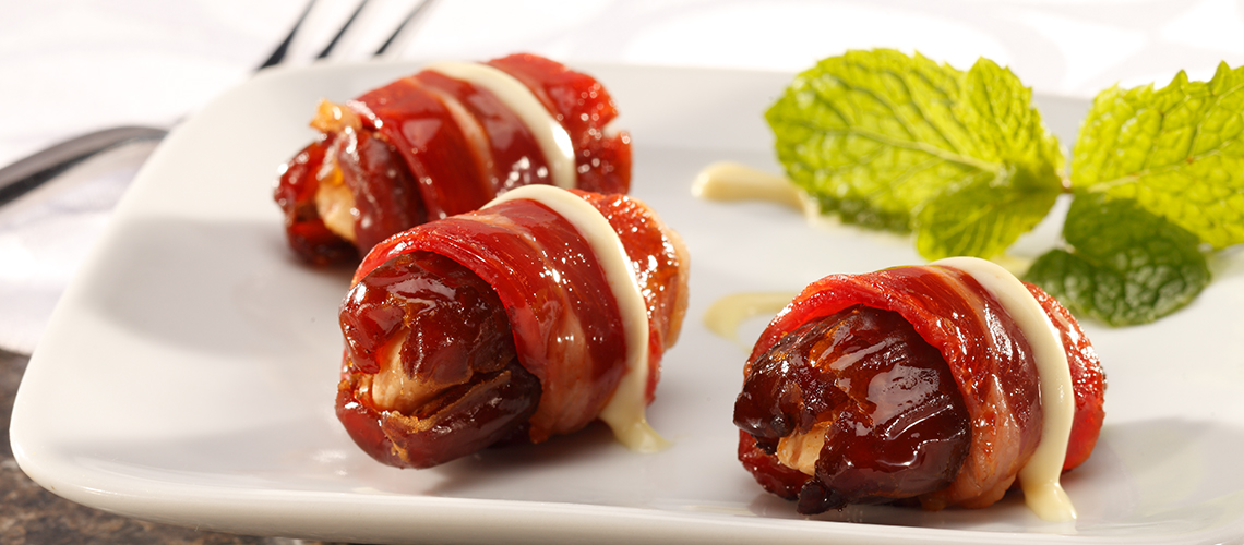 Texas Pete Roasted Dates Wrapped in Bacon with Nuttin’ Honey