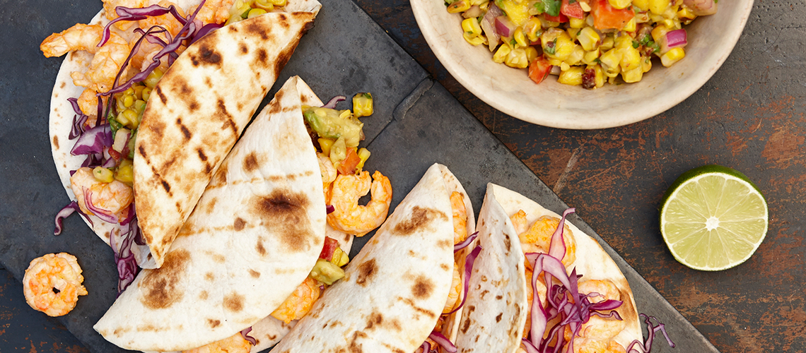 ¡Sabor! by Texas Pete Roasted Corn and Mango Salsa with Shrimp Tacos