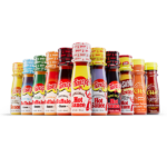 low angle image of 11 2oz bottles of hot sauce