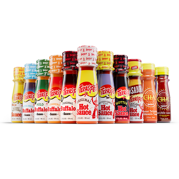 low angle image of 11 2oz bottles of hot sauce